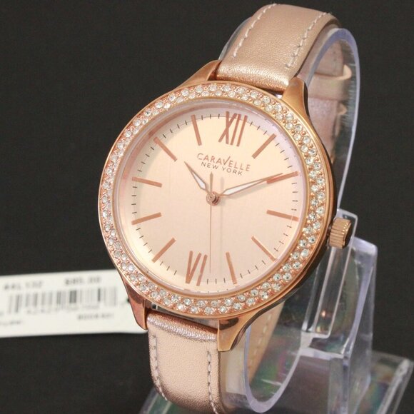 Caravelle Ladies Dress Watch By Bulova Crystal Bezel Dial Rose Gold Tones 38mm - Picture 4 of 12